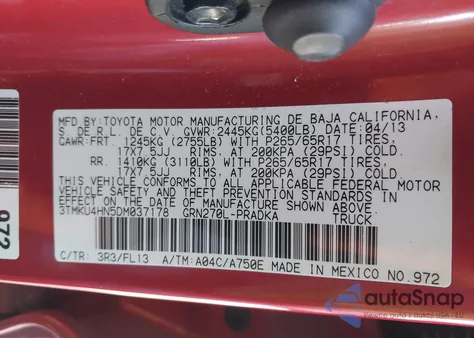 2013 Toyota Tacoma Prerunner V6 z USA, uszkodzony, nr VIN 3TMKU4HN5DM037178